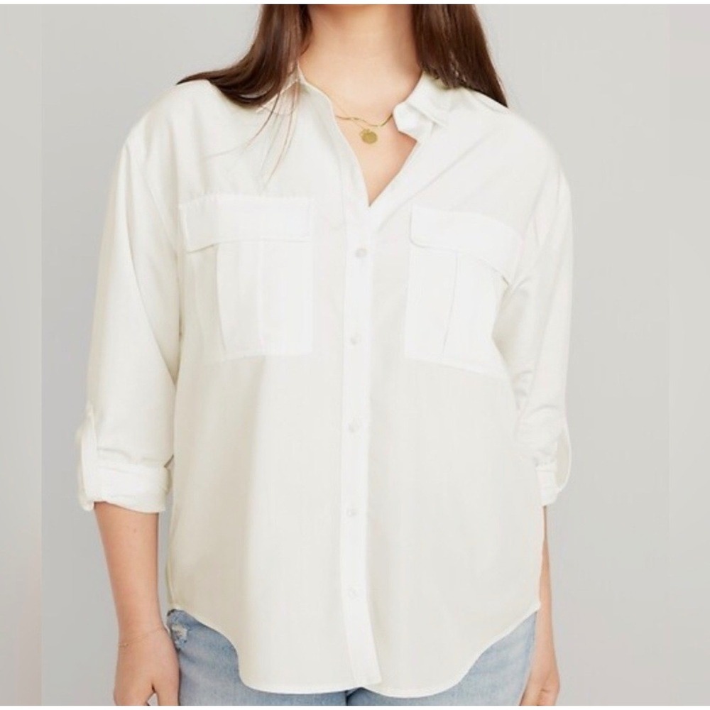 Old Navy Womens XL Off White Long Sleeve Button Up Utility Blouse NWT 751686